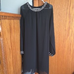 SLNY Black Long Sleeve Dress with Pearl Details